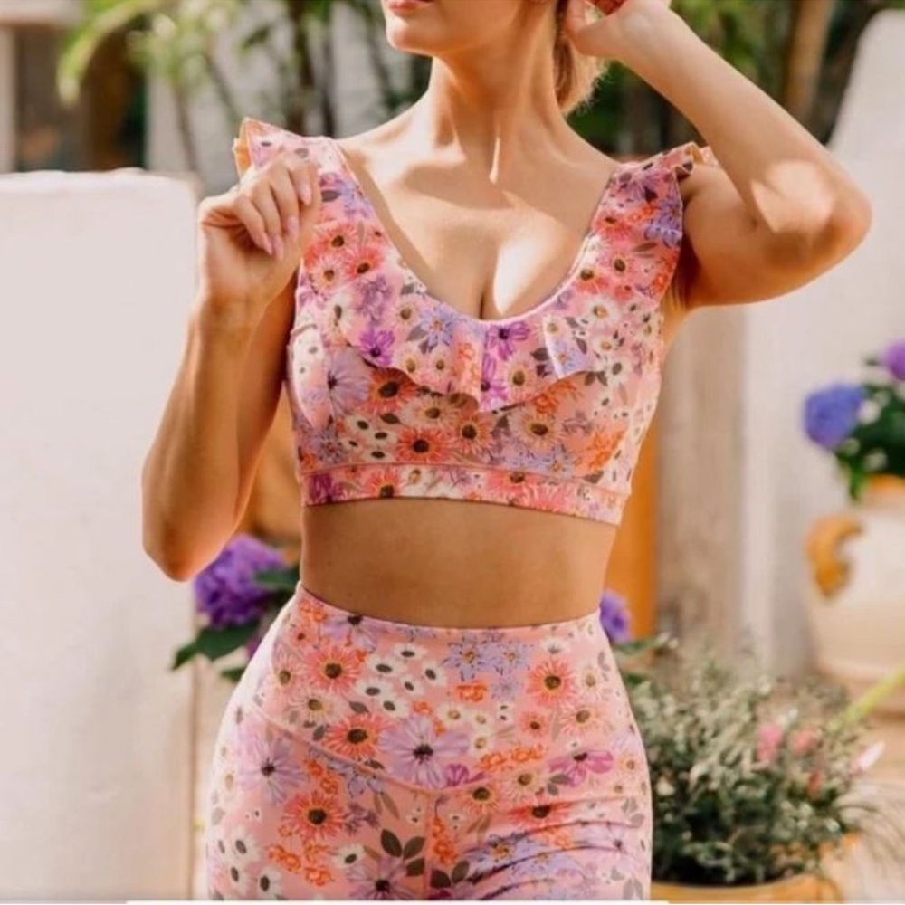 IVL Collective Floral Sports Bra Top Size 6 Pink Activewear Ruffle Crop